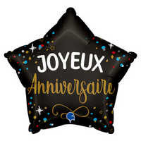 BALLON ETOILE JOYEUX ANNIVERSAIRE NOIR 46CM